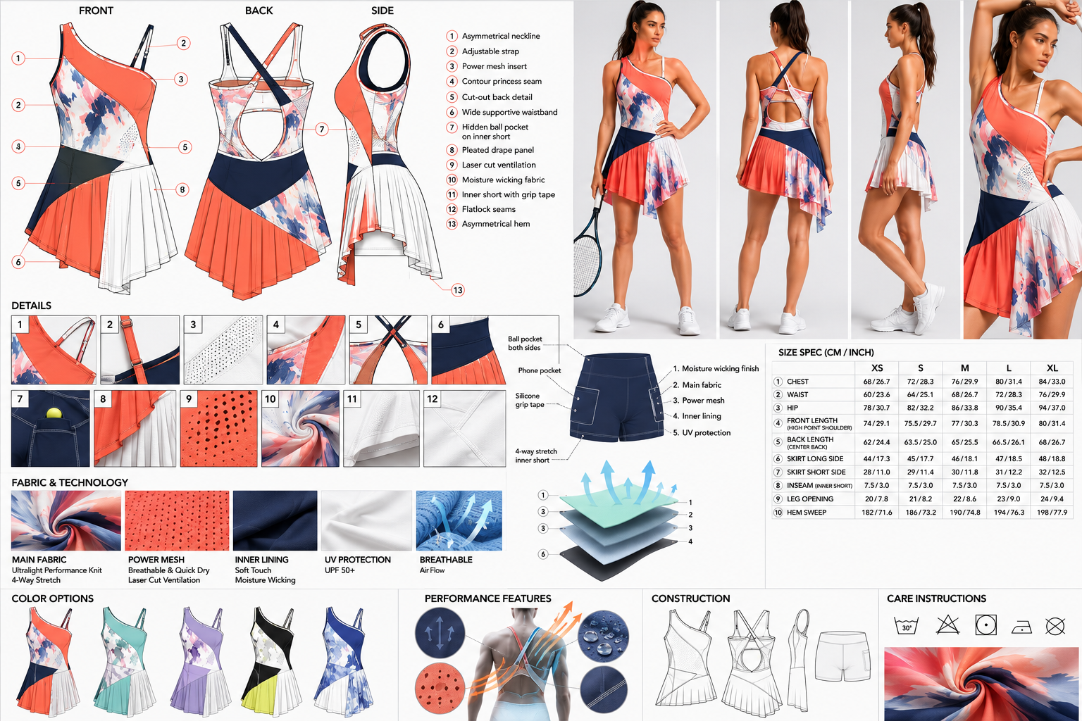 Coral asymmetrical tennis dress technical board