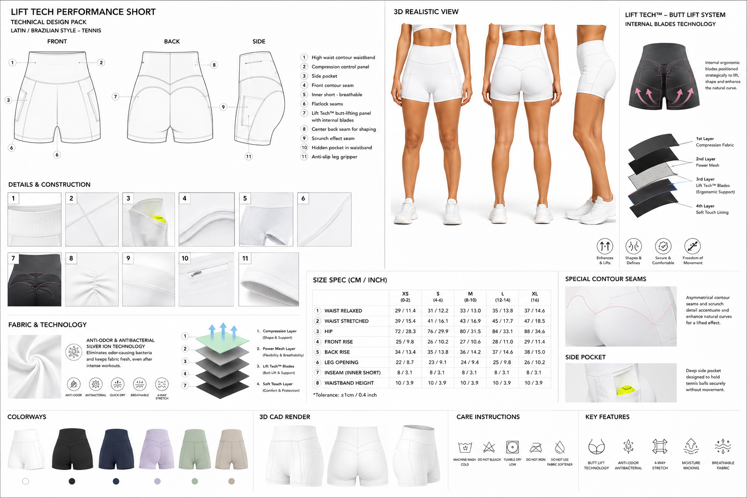Lift tech performance short board with shaping system, material details, and realistic views.