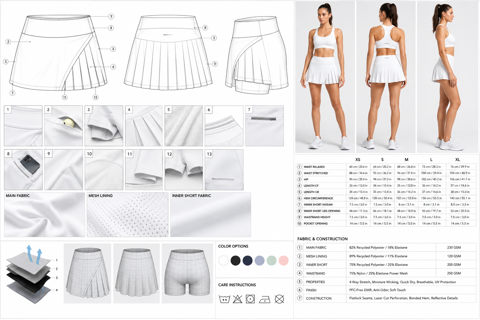 Pleated tennis skirt technical board