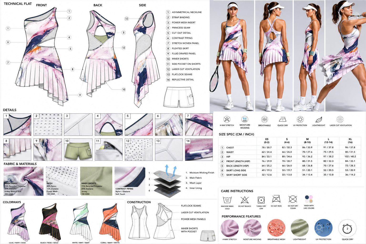 Asymmetrical printed tennis dress concept board