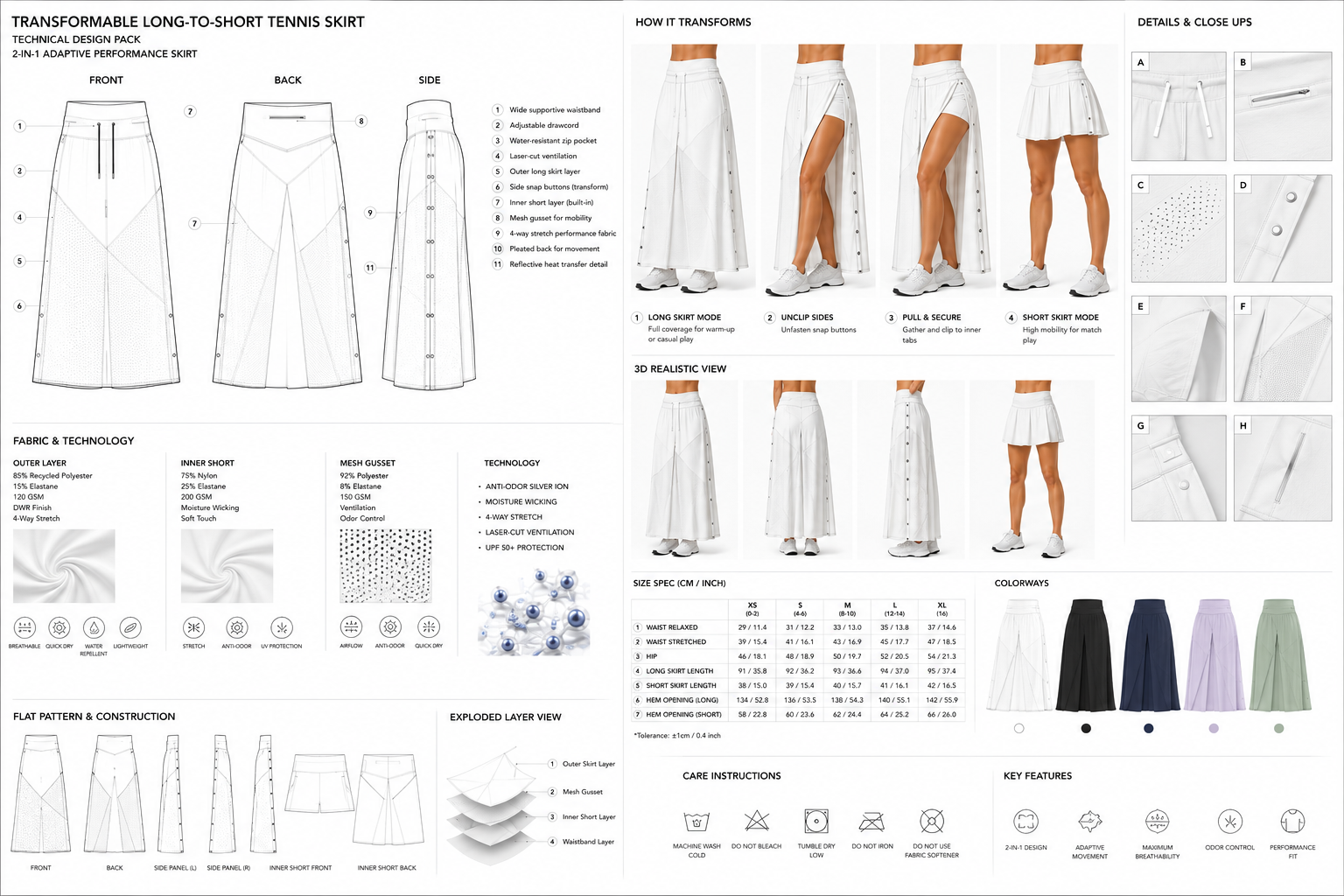 Transformable long-to-short tennis skirt technical design pack with construction, fit, and motion views.