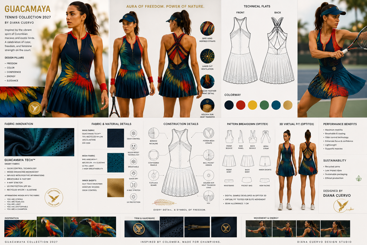 Guacamaya tennis collection board with macaw-inspired print, technical flats, fabric innovation, and performance details