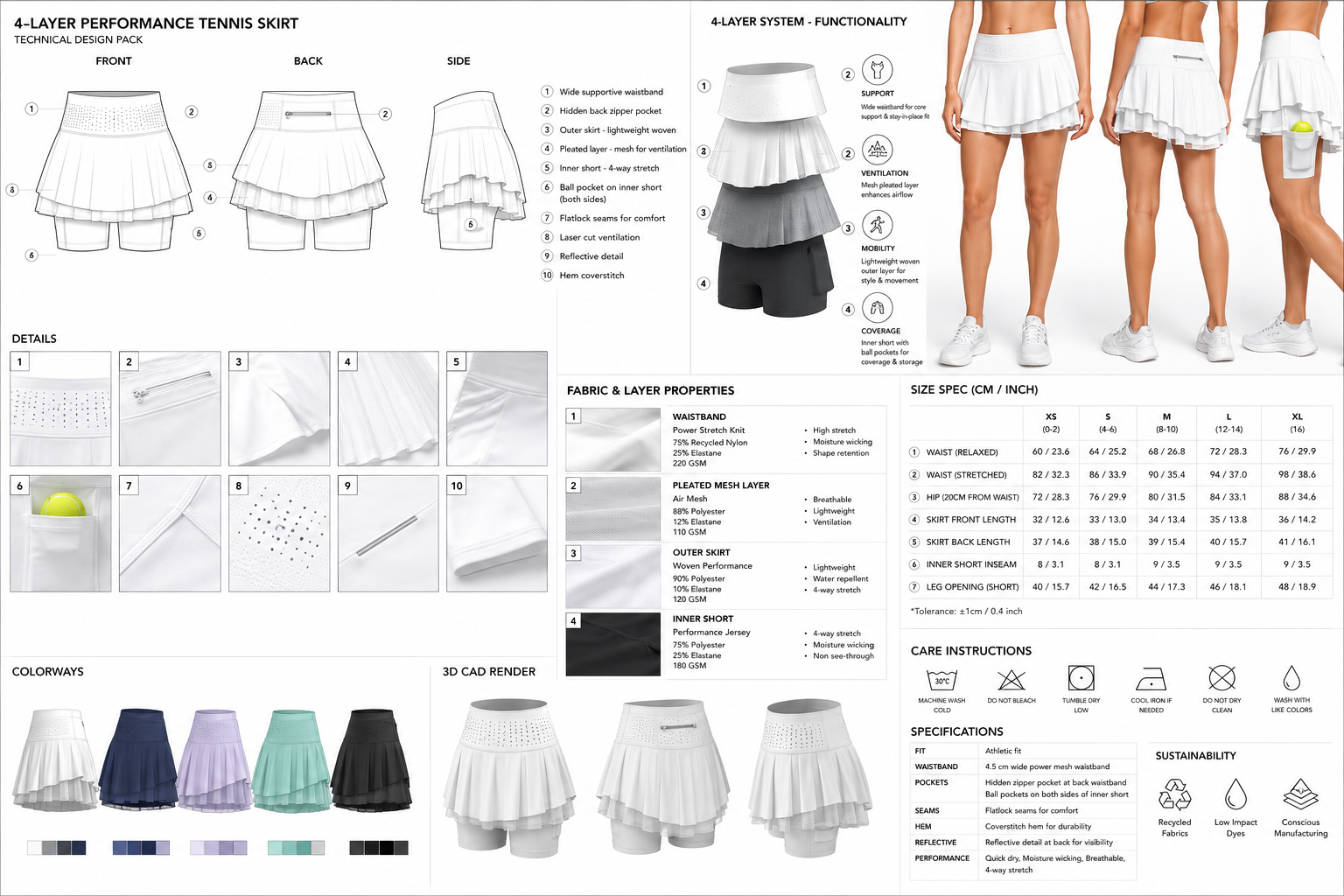 Four-layer performance tennis skirt technical pack with fabric layer properties and fit details.