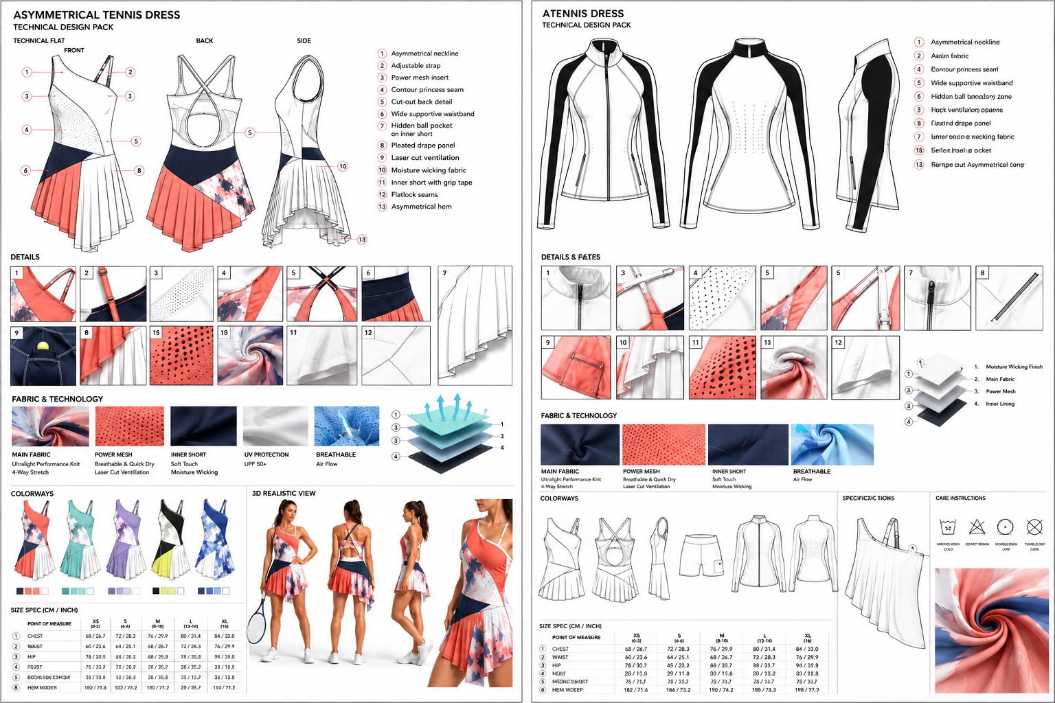 Asymmetrical tennis dress and jacket technical design pack with fabric layers, colorways, and 3D realistic views.