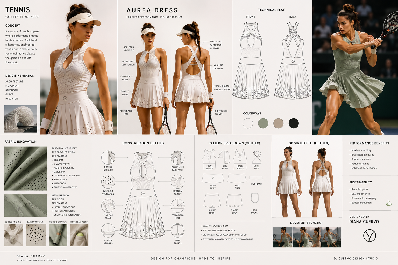 Aurea dress concept board featuring technical flats, fit views, fabric innovation, and movement study