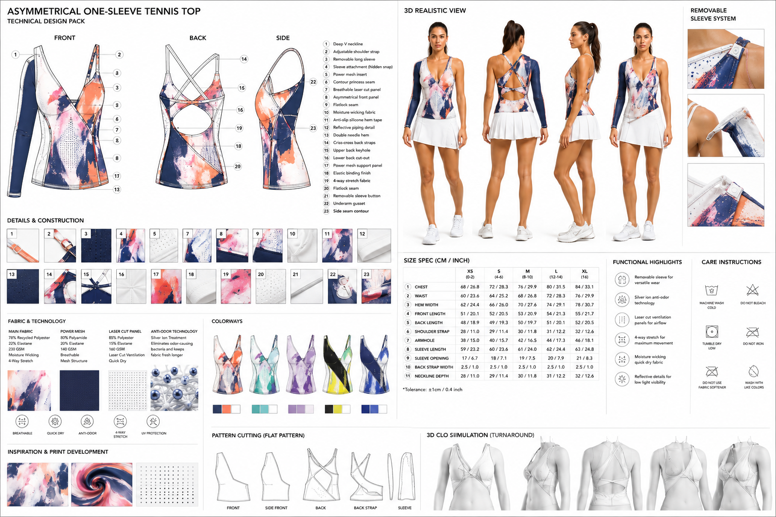 Asymmetrical one-sleeve tennis top board with removable sleeve concept and colorful technical design details.