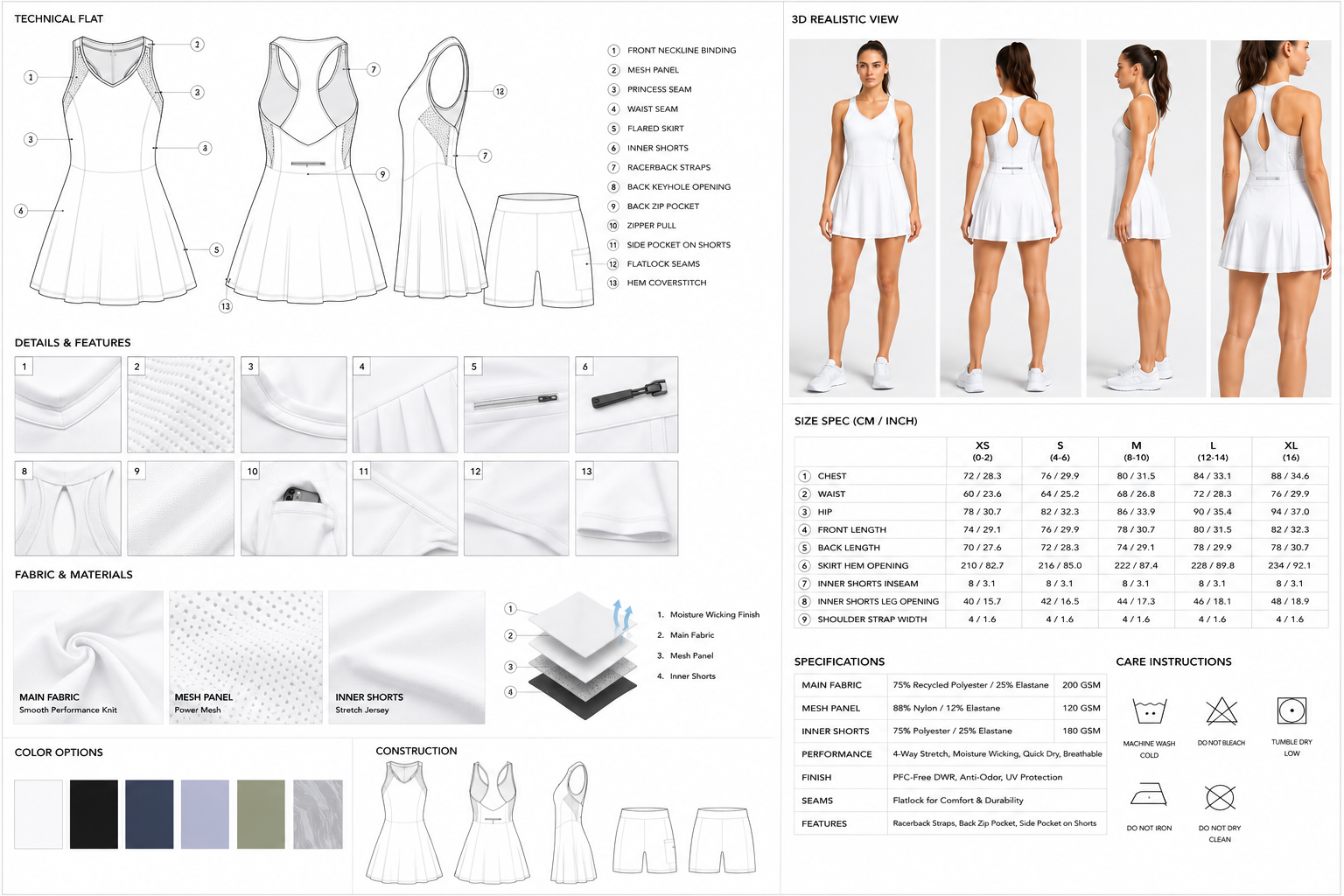 Tennis dress technical board with construction and specs