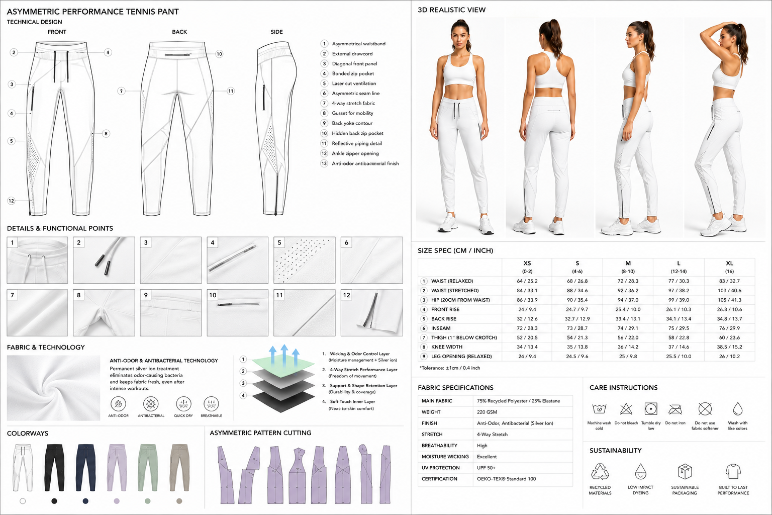 Asymmetric performance tennis pant board with technical drawings, 3D views, and fabric specs.