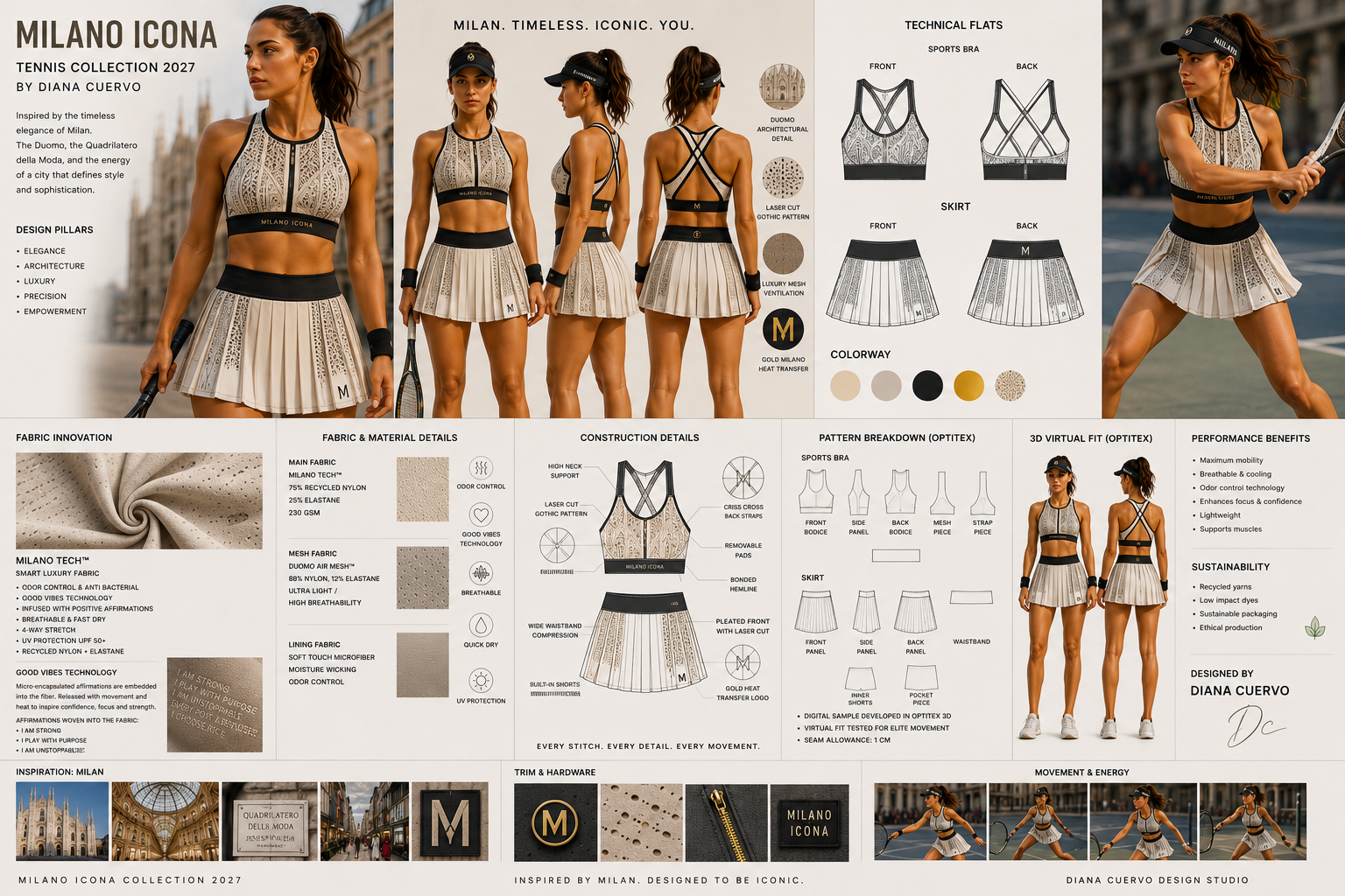 Milano Icona tennis collection board with luxury sports bra, pleated skirt, technical flats, and material studies