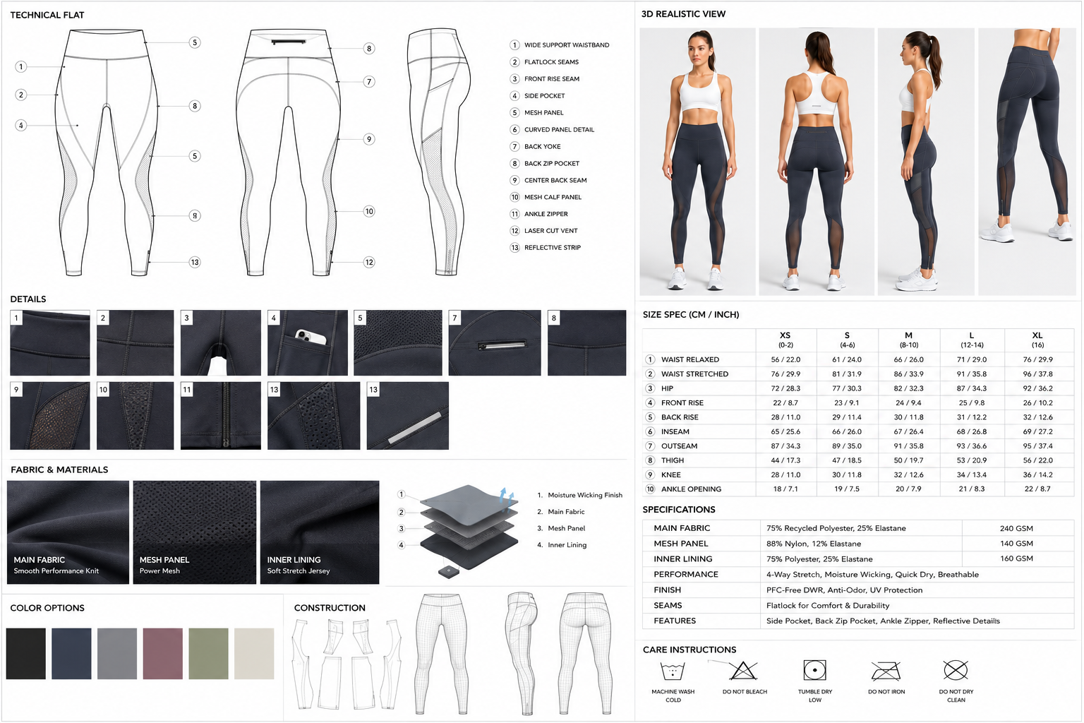 Performance leggings technical flat and material board