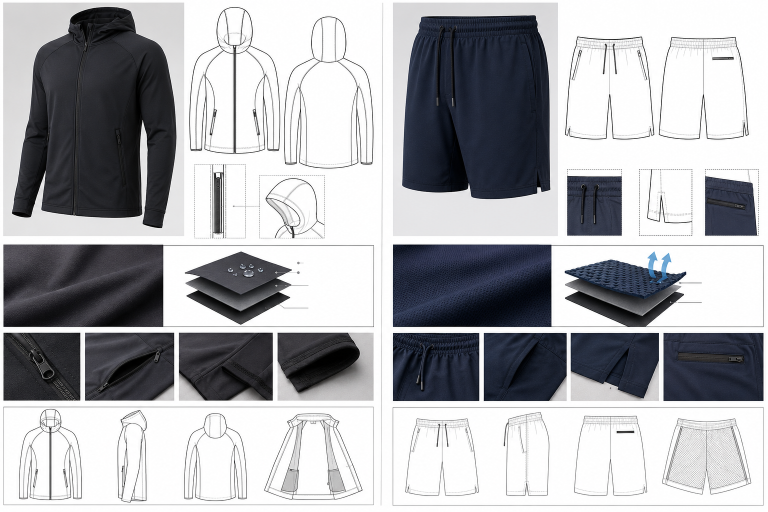 Performance hoodie and shorts technical development board