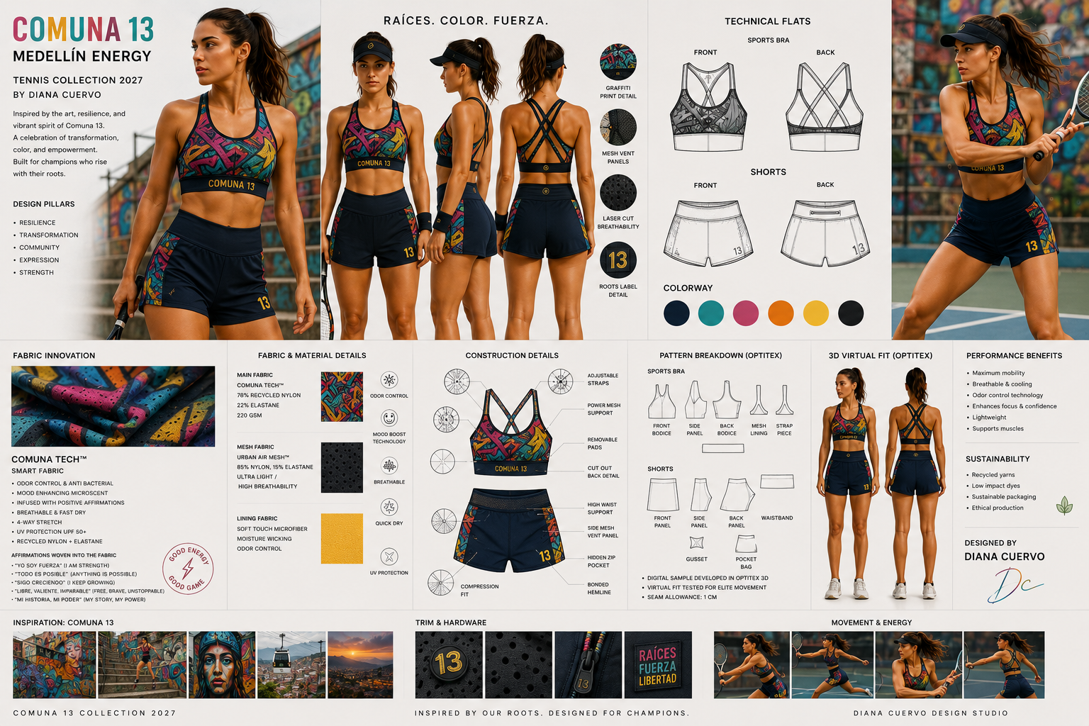 Comuna 13 Medellín Energy tennis collection board with sports bra, shorts, technical flats, and material development