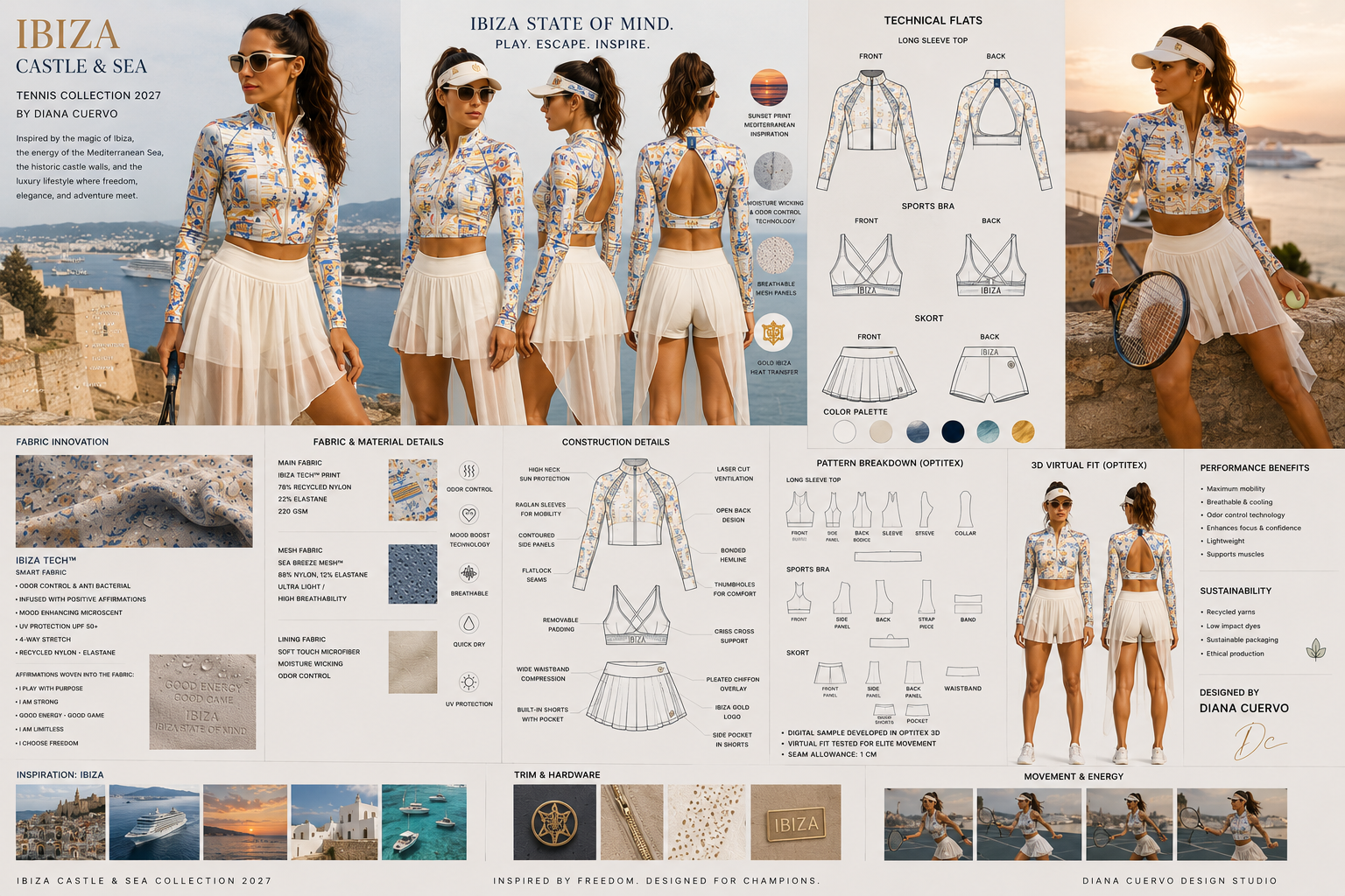 Ibiza Castle and Sea tennis collection board with long-sleeve top, skort, technical flats, and fabric details