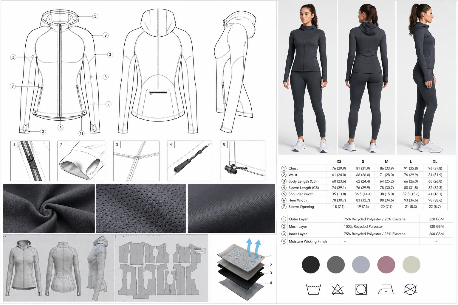 Women's performance jacket technical pack with size specs