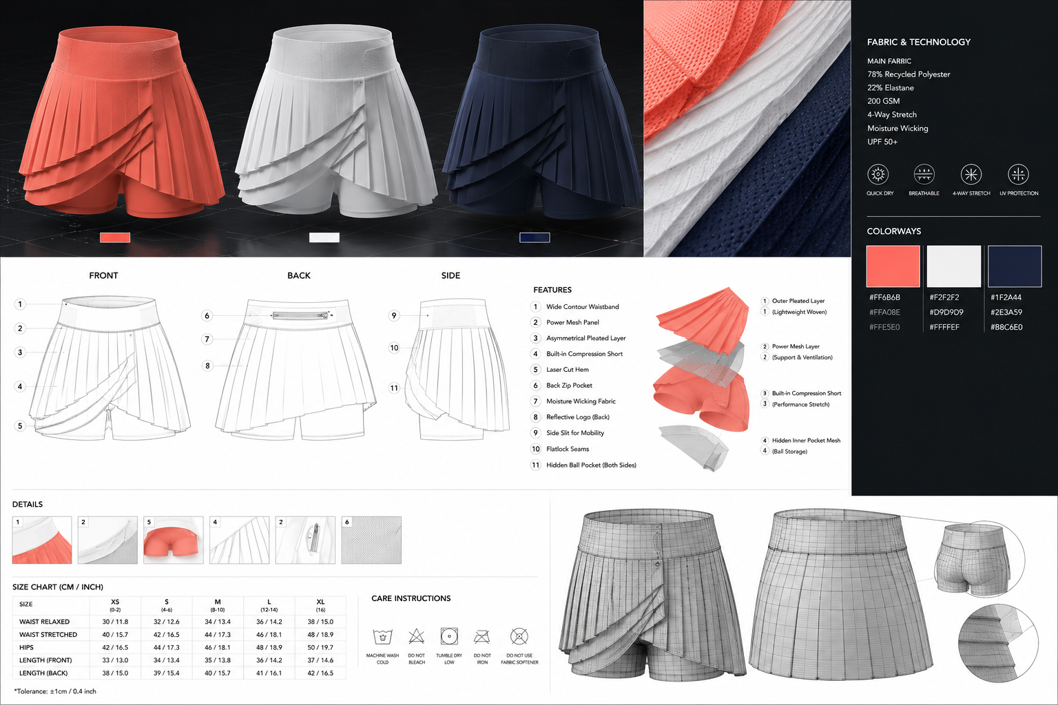 Performance tennis skort — colorways, technical flats, fabric and construction details