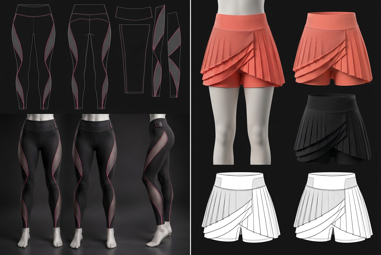 Diana Cuervo Performance Apparel Design — transparent-panel leggings and asymmetrical skirt, 2D pattern flats and 3D garment design studies