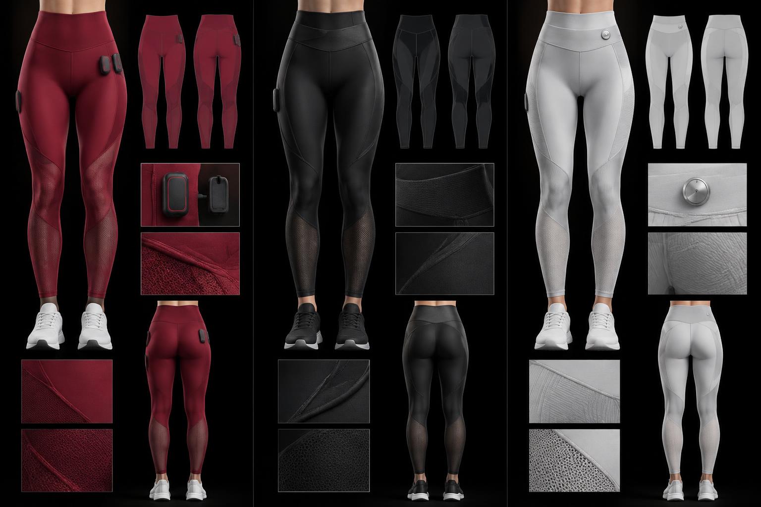 Diana Cuervo Performance Apparel Design — ruby warming leggings, black sculpting leggings and pearl digital-key button leggings in 2D and 3D concept studies