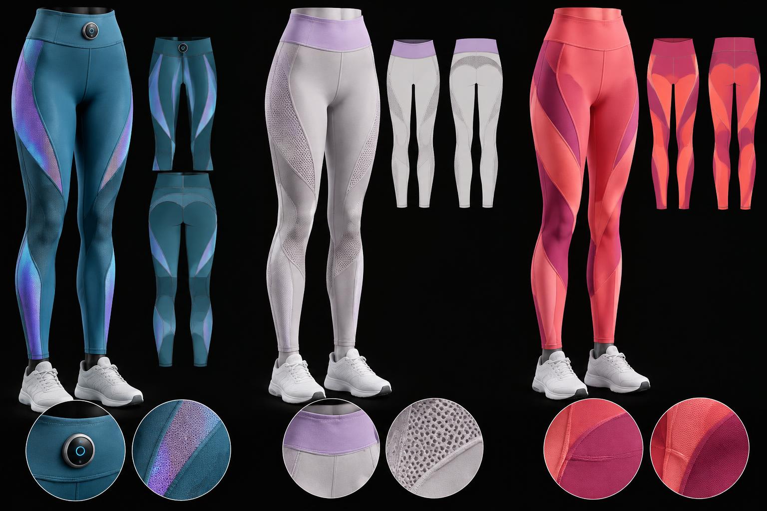 Diana Cuervo Performance Apparel Design — teal weather-aware, pearl mesh and coral color-block leggings in paired 2D and 3D design studies
