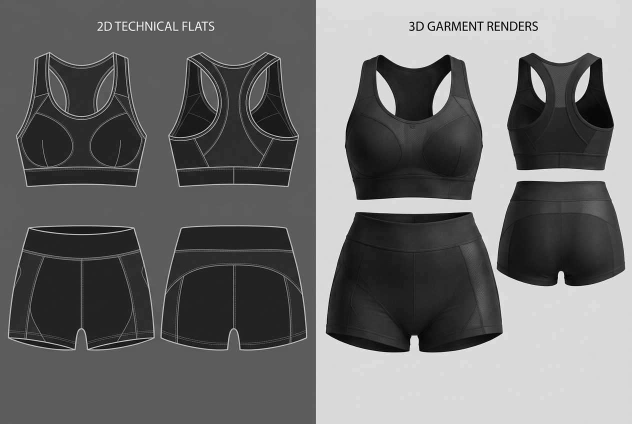 Diana Cuervo Performance Apparel Design — Monochrome Sports Bra Set front and back 2D flats alongside 3D garment concept views