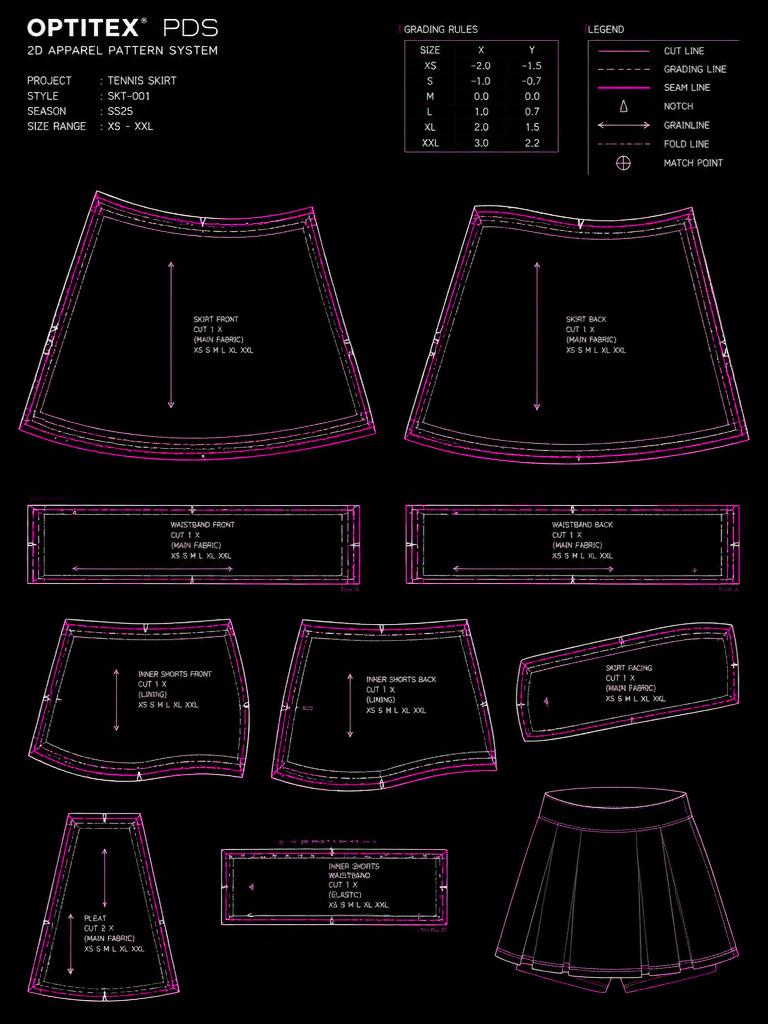 Diana Cuervo Performance Apparel Design — Optitex PDS 2D tennis skirt pattern pieces with grading rules