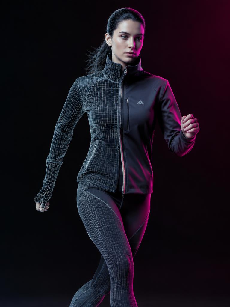 Diana Cuervo Performance Apparel Design — 3D running jacket prototype in wireframe and solid view