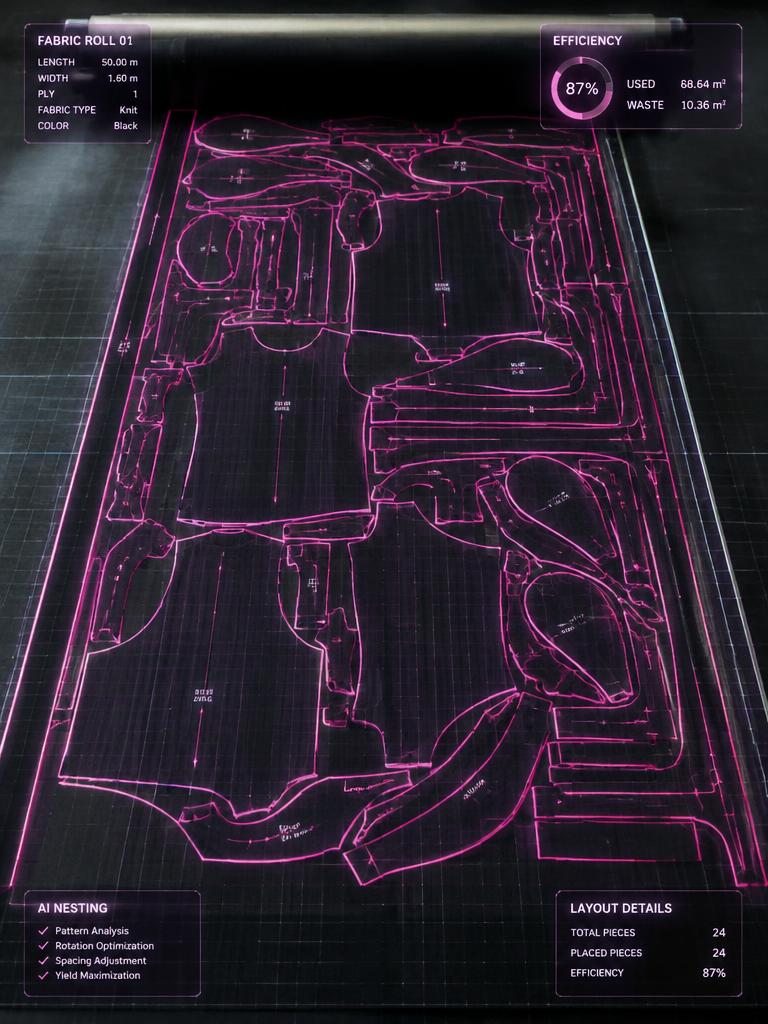 Diana Cuervo Performance Apparel Design — AI-assisted marker nesting layout with 87% efficiency