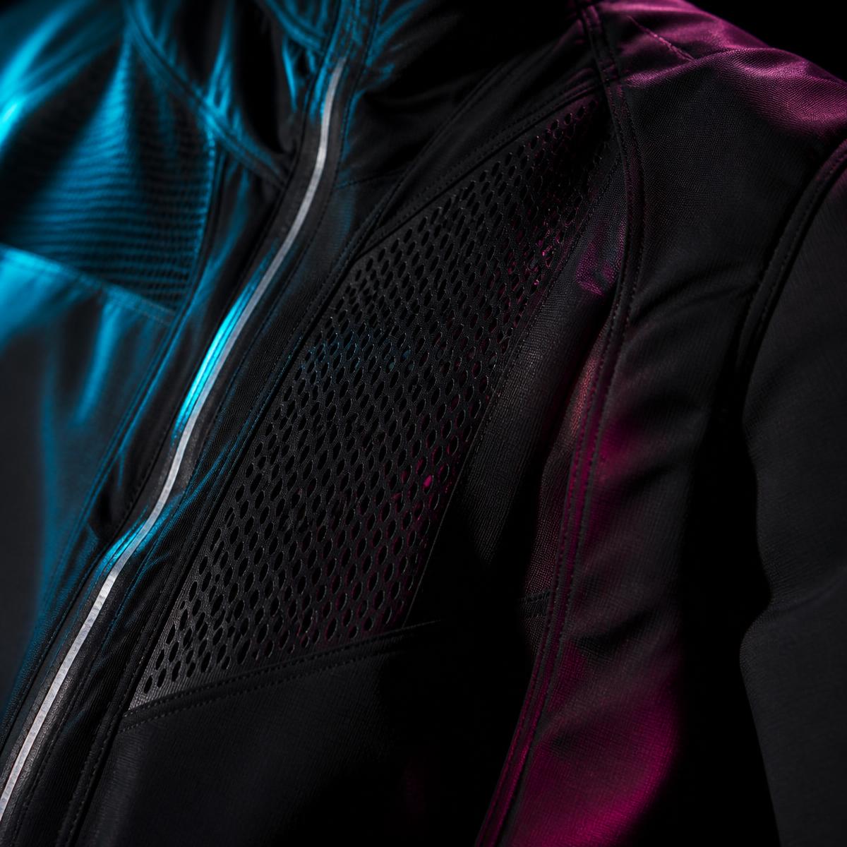 Macro material detail of the Stratum Running Jacket showing perforation and reflective trim