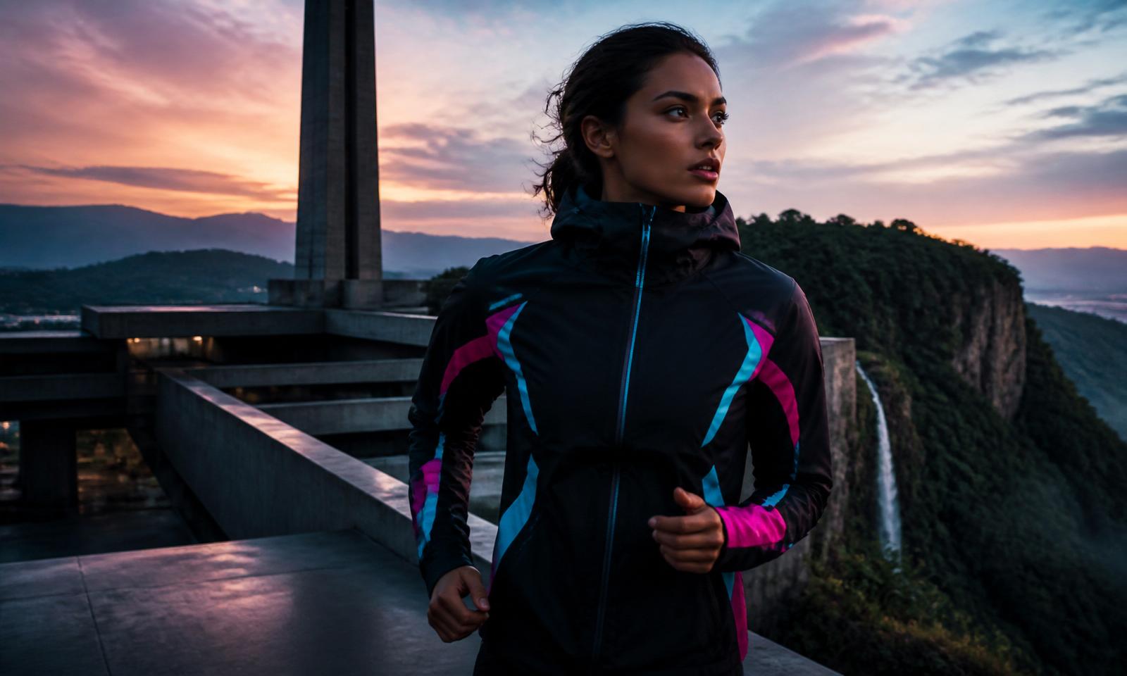 Stratum Running Jacket in an environment blending architecture and nature